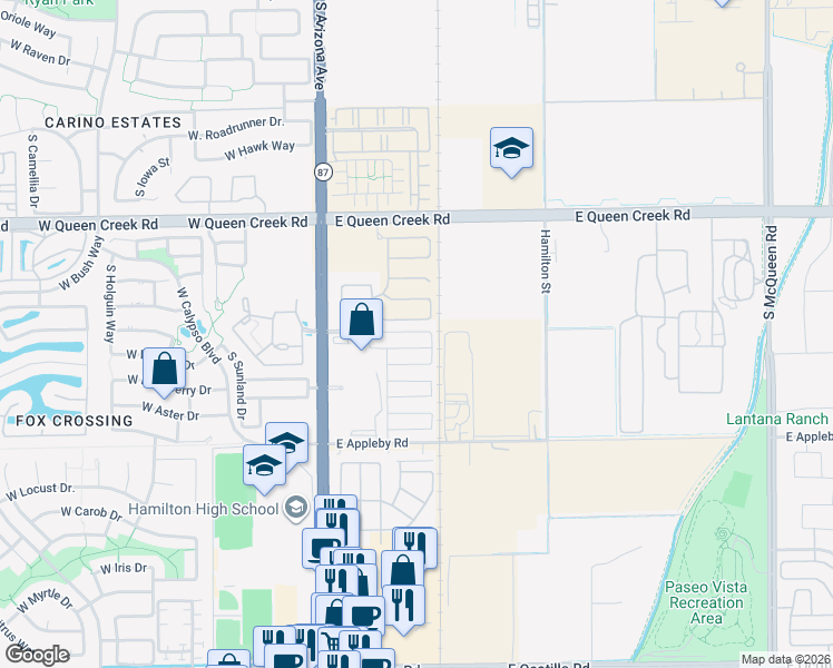 map of restaurants, bars, coffee shops, grocery stores, and more near 289 East Desert Broom Drive in Chandler