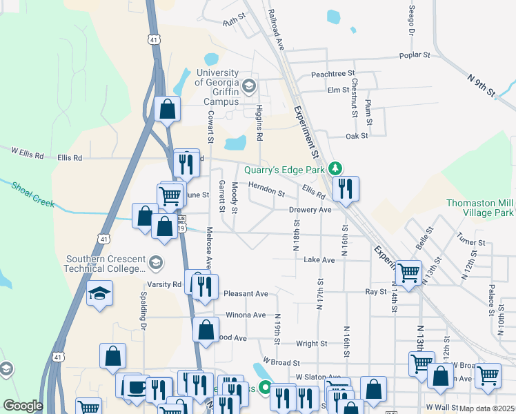 map of restaurants, bars, coffee shops, grocery stores, and more near 617 Drewery Lane in Griffin