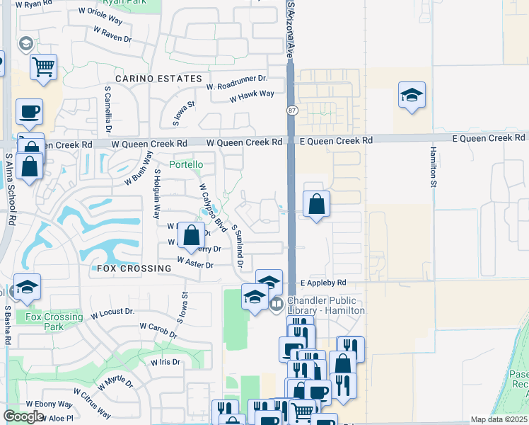map of restaurants, bars, coffee shops, grocery stores, and more near 3250 South Arizona Avenue in Chandler