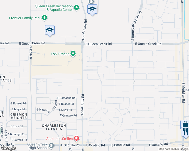 map of restaurants, bars, coffee shops, grocery stores, and more near 22344 East Alyssa Road in Queen Creek
