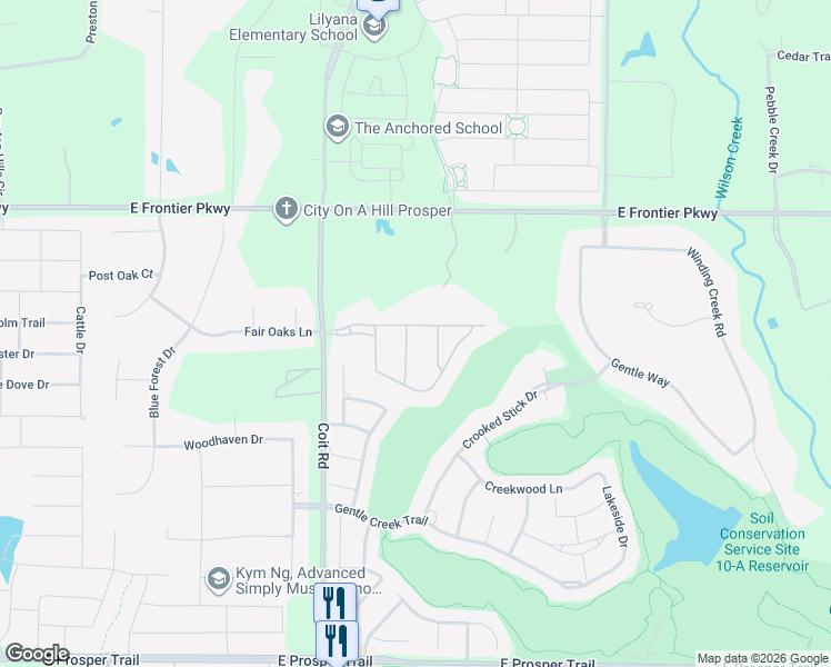 map of restaurants, bars, coffee shops, grocery stores, and more near 1860 Fostermill Drive in Prosper