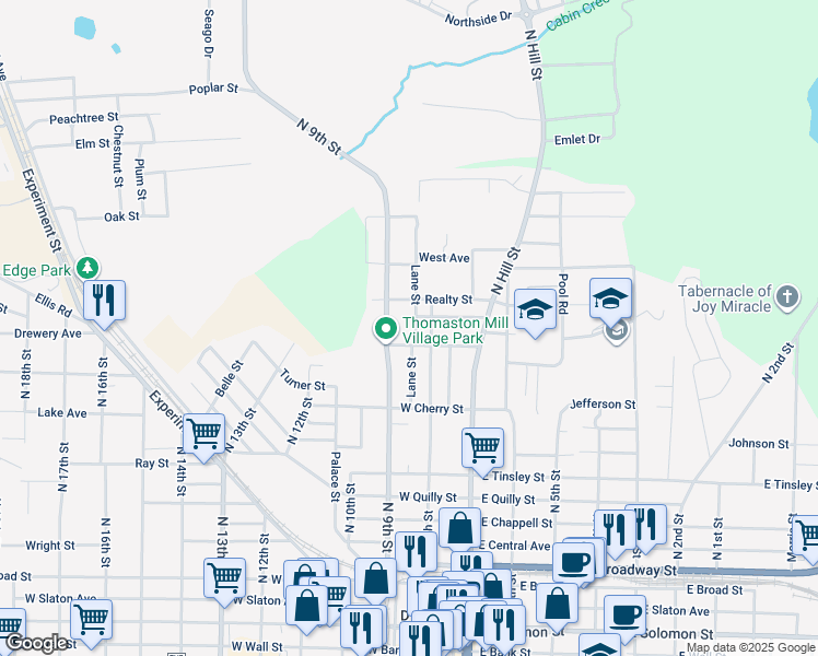 map of restaurants, bars, coffee shops, grocery stores, and more near 203 Georgia Avenue in Griffin