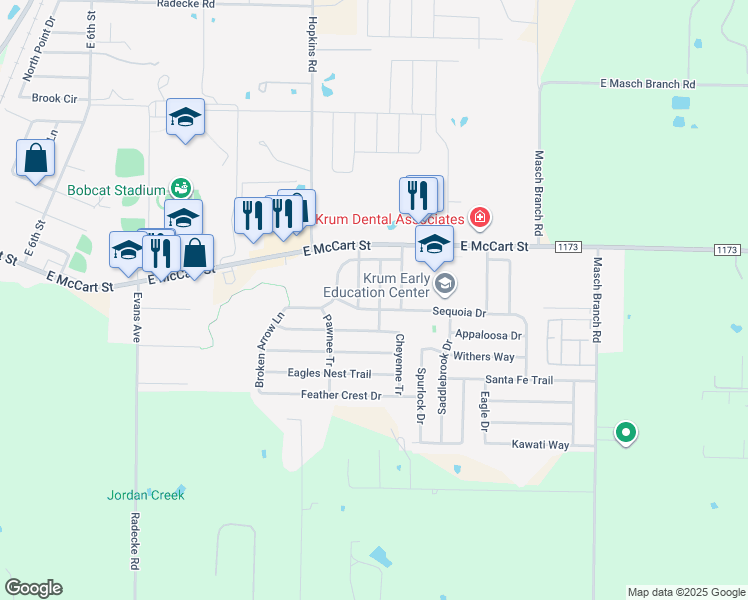 map of restaurants, bars, coffee shops, grocery stores, and more near 117 Comanche Trail in Krum