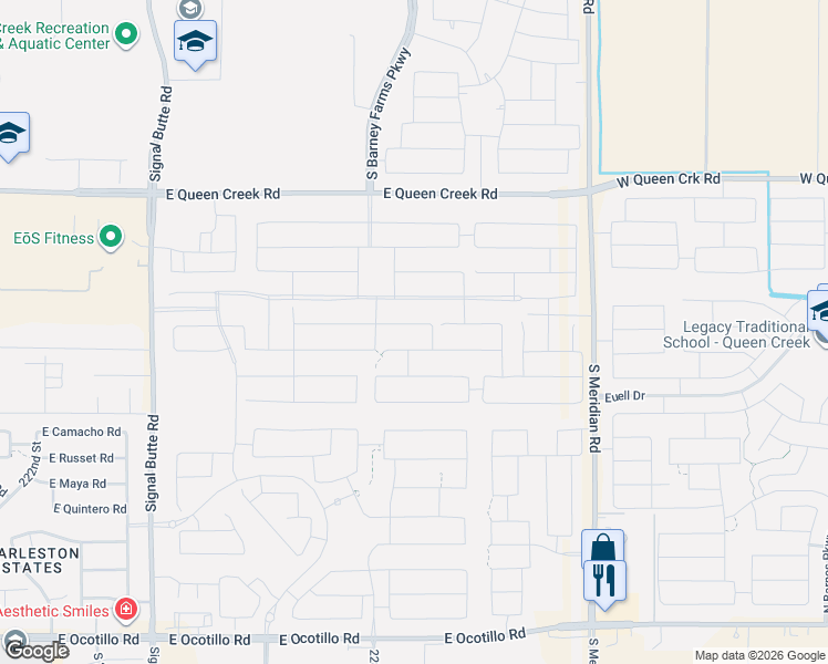 map of restaurants, bars, coffee shops, grocery stores, and more near Unnamed Road in Queen Creek