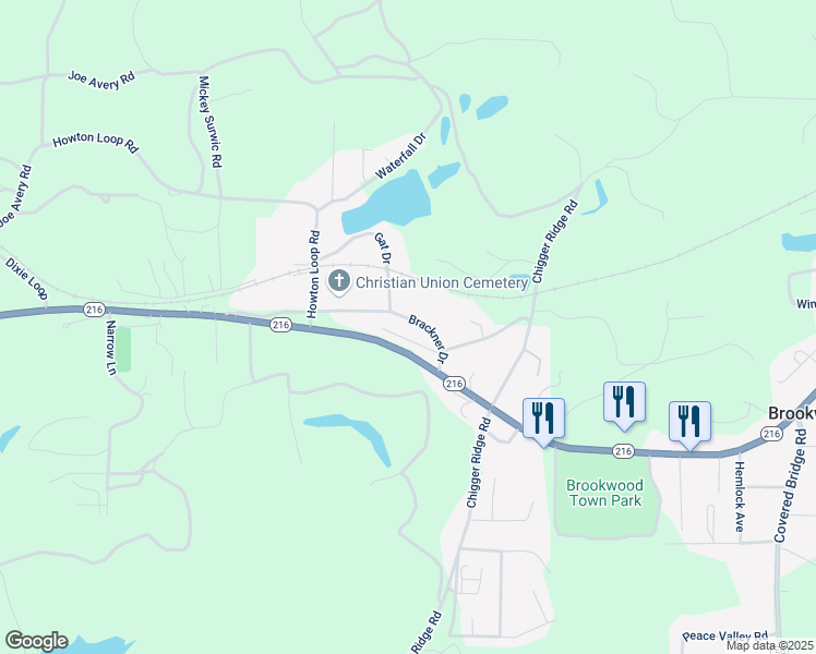 map of restaurants, bars, coffee shops, grocery stores, and more near 15494 Woodridge Lane in Brookwood