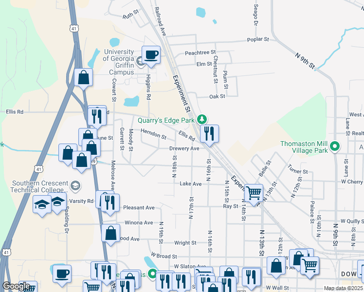 map of restaurants, bars, coffee shops, grocery stores, and more near 1124 Drewery Avenue in Griffin