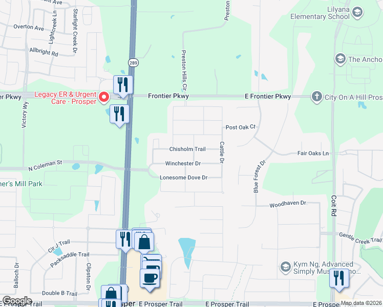 map of restaurants, bars, coffee shops, grocery stores, and more near 1650 Chisholm Trail in Prosper