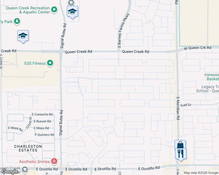 map of restaurants, bars, coffee shops, grocery stores, and more near 22729 East Stirrup Street in Queen Creek