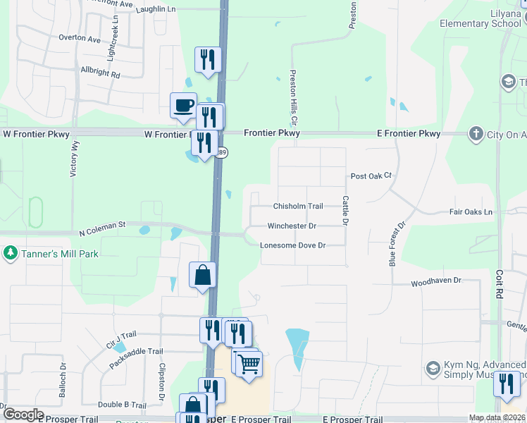 map of restaurants, bars, coffee shops, grocery stores, and more near 1521 Winchester Drive in Prosper