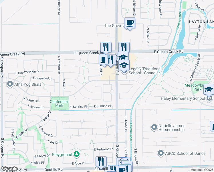 map of restaurants, bars, coffee shops, grocery stores, and more near 3330 South Gilbert Road in Chandler