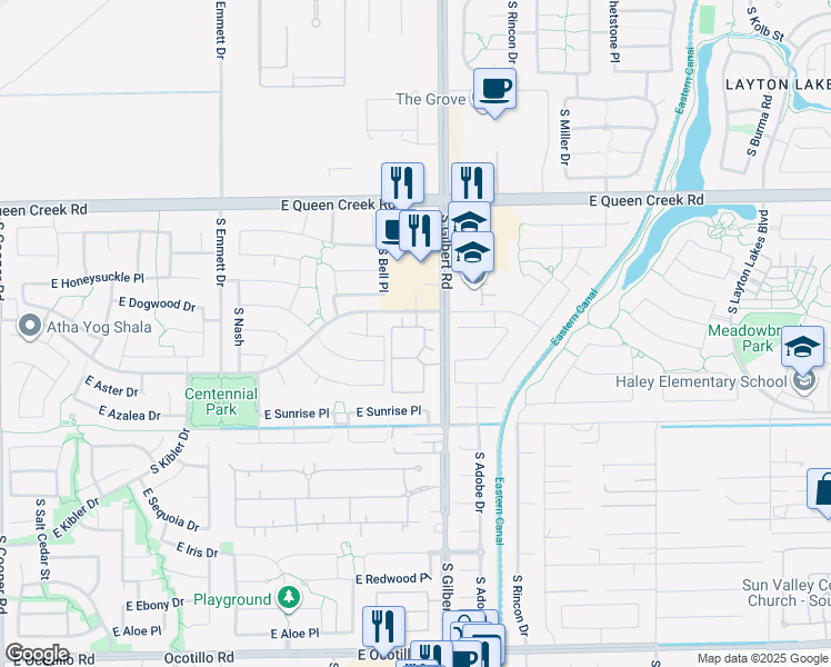 map of restaurants, bars, coffee shops, grocery stores, and more near 3330 South Gilbert Road in Chandler