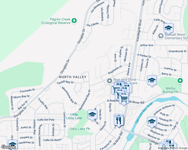 map of restaurants, bars, coffee shops, grocery stores, and more near 604 Carillo Circle in Oceanside