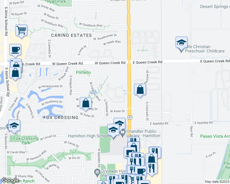 map of restaurants, bars, coffee shops, grocery stores, and more near 3250 South Arizona Avenue in Chandler