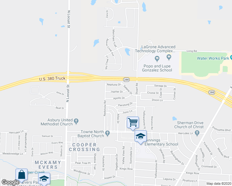 map of restaurants, bars, coffee shops, grocery stores, and more near 600 Jupiter Drive in Denton