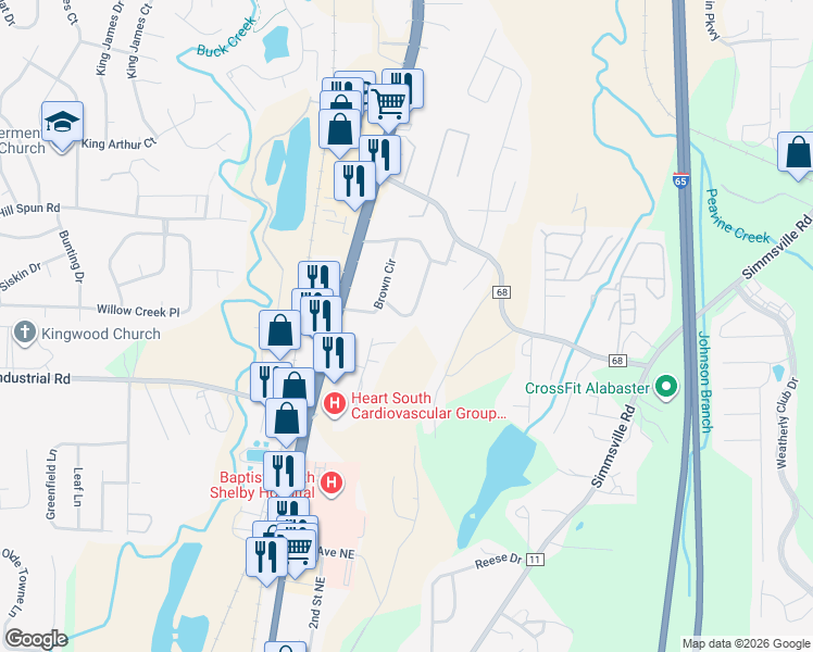 map of restaurants, bars, coffee shops, grocery stores, and more near 241 Hillwood Drive in Alabaster