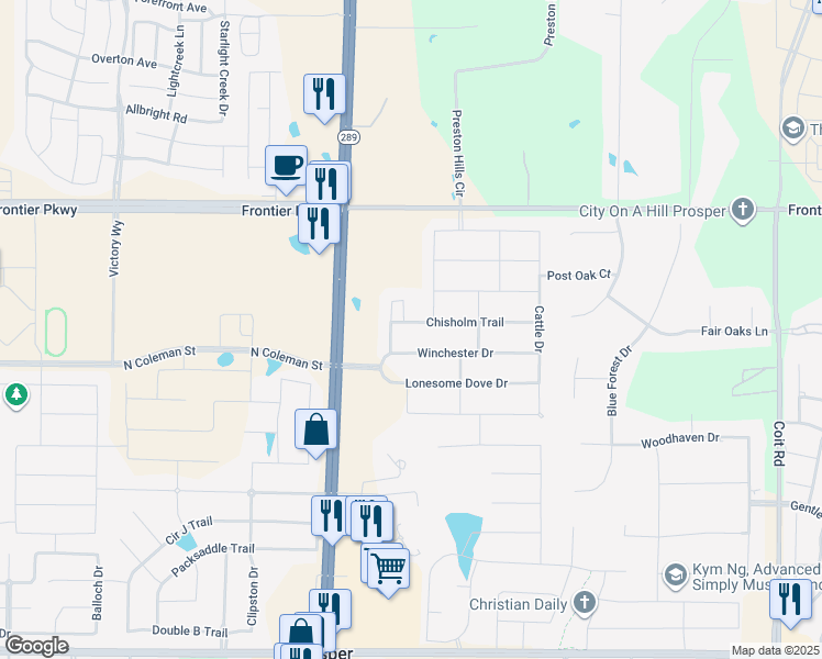 map of restaurants, bars, coffee shops, grocery stores, and more near 1521 Winchester Drive in Prosper