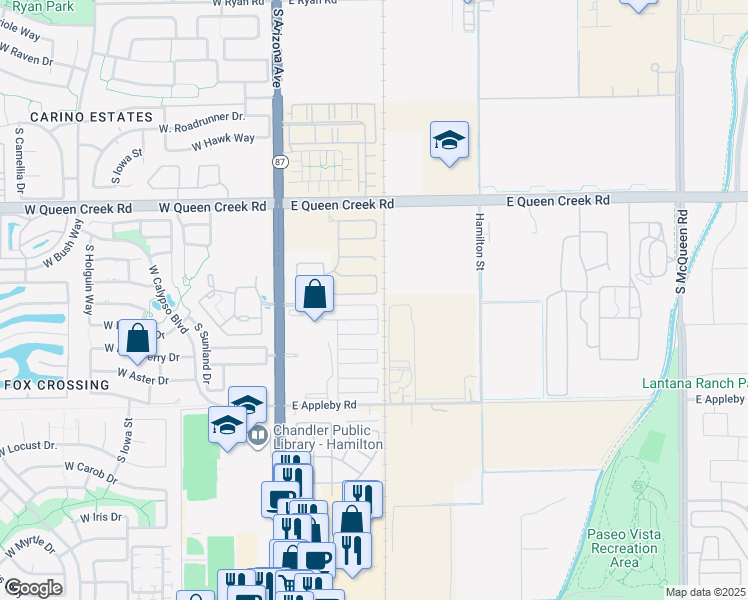map of restaurants, bars, coffee shops, grocery stores, and more near 289 East Desert Broom Drive in Chandler