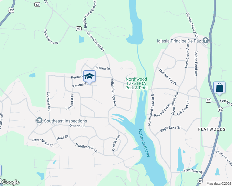 map of restaurants, bars, coffee shops, grocery stores, and more near 5307 Indian Springs Ave in Northport