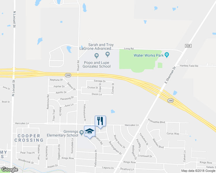 map of restaurants, bars, coffee shops, grocery stores, and more near 1105 Cruise Street in Denton