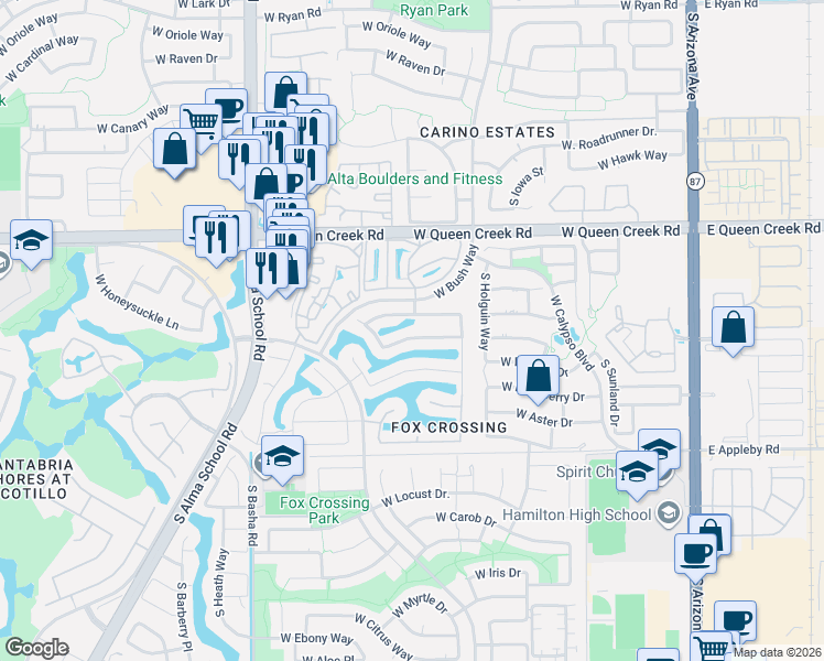 map of restaurants, bars, coffee shops, grocery stores, and more near 692 West Honeysuckle Drive in Chandler