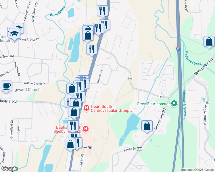 map of restaurants, bars, coffee shops, grocery stores, and more near 241 Hillwood Drive in Alabaster