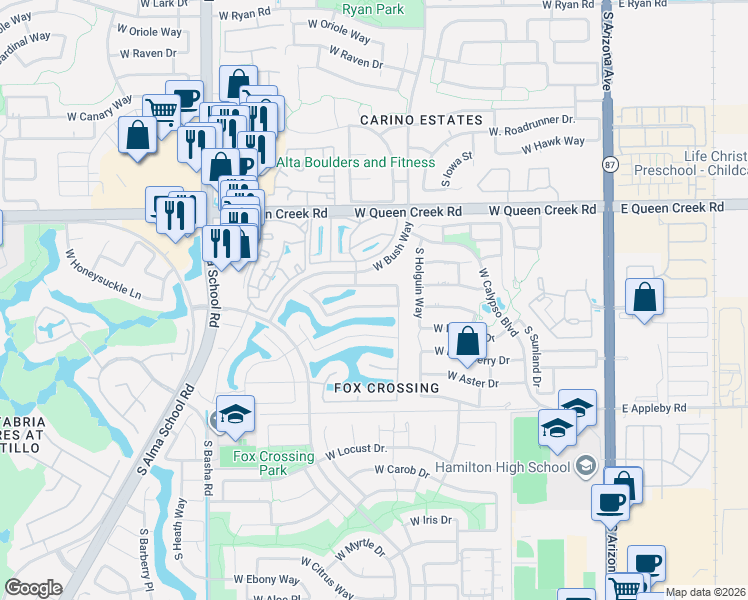 map of restaurants, bars, coffee shops, grocery stores, and more near 692 West Honeysuckle Drive in Chandler