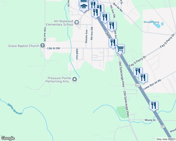 map of restaurants, bars, coffee shops, grocery stores, and more near 26 Burton Lane in Childersburg
