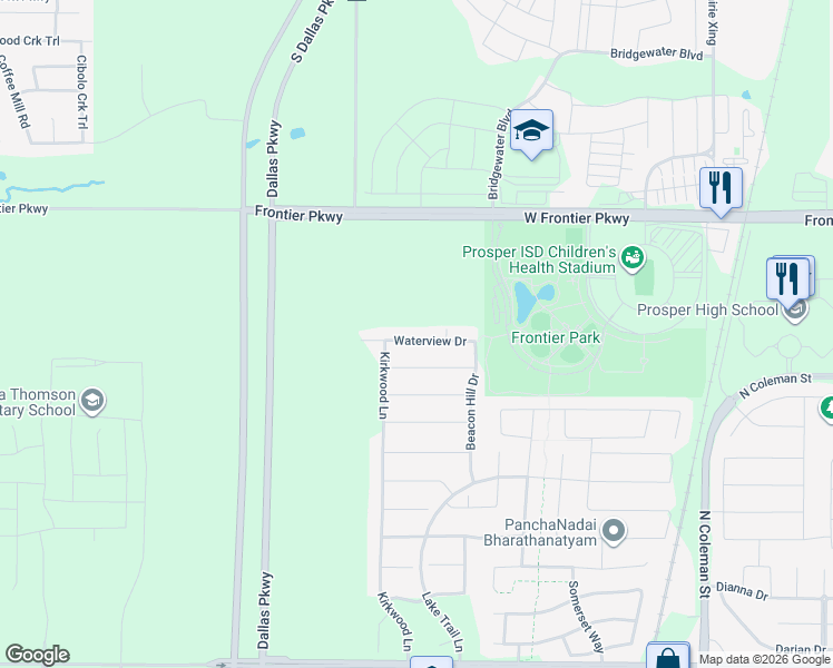 map of restaurants, bars, coffee shops, grocery stores, and more near 940 Waterview Drive in Prosper