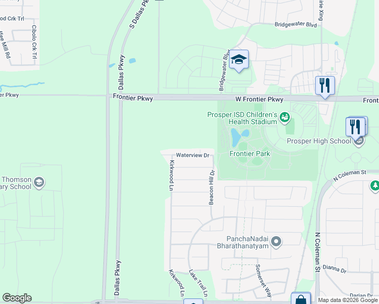 map of restaurants, bars, coffee shops, grocery stores, and more near 940 Waterview Drive in Prosper