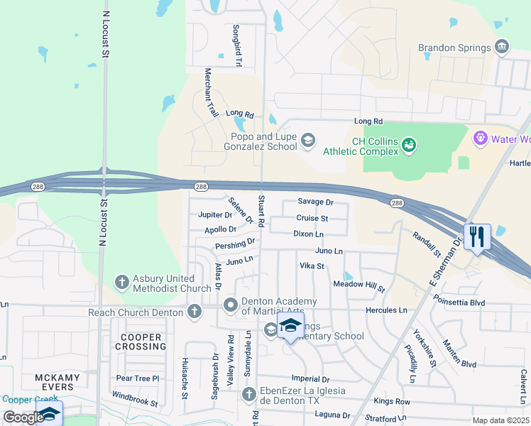 map of restaurants, bars, coffee shops, grocery stores, and more near 4225 Fiste Street in Denton