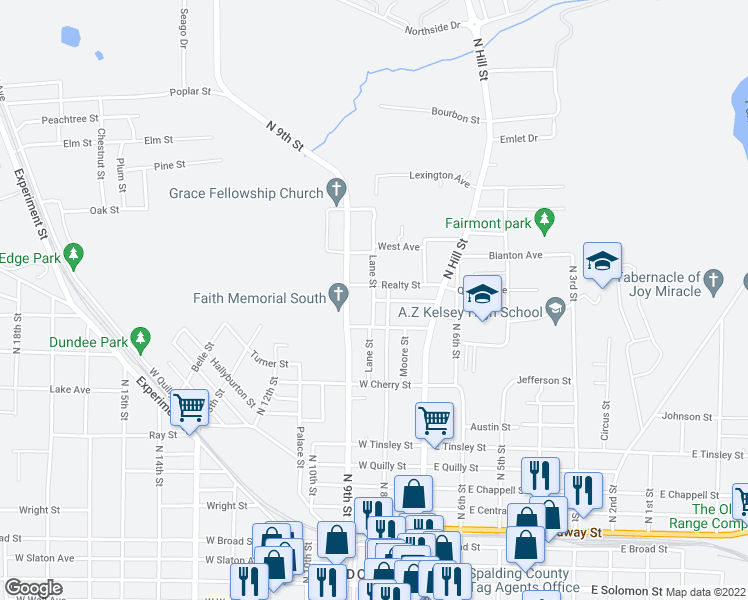 map of restaurants, bars, coffee shops, grocery stores, and more near 299 Alabama Street in Griffin