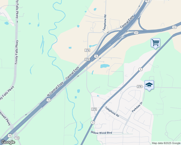 map of restaurants, bars, coffee shops, grocery stores, and more near 600 Central Expressway in Melissa