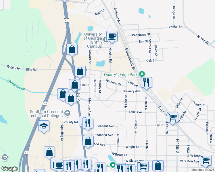 map of restaurants, bars, coffee shops, grocery stores, and more near 1329 Drewry Avenue in Griffin