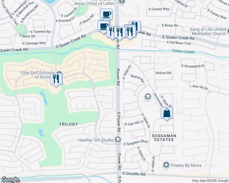 map of restaurants, bars, coffee shops, grocery stores, and more near 4750 East Nightingale Lane in Gilbert
