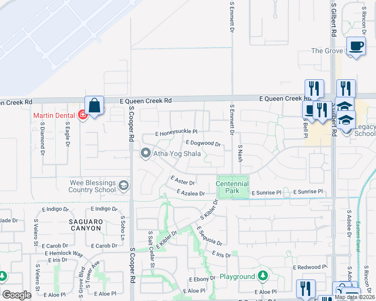 map of restaurants, bars, coffee shops, grocery stores, and more near 3216 South Cottonwood Drive in Chandler