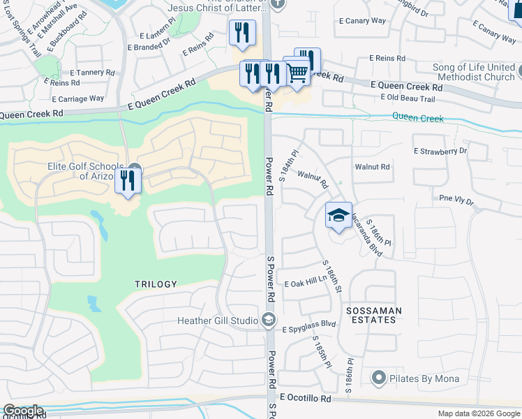 map of restaurants, bars, coffee shops, grocery stores, and more near 4750 East Nightingale Lane in Gilbert