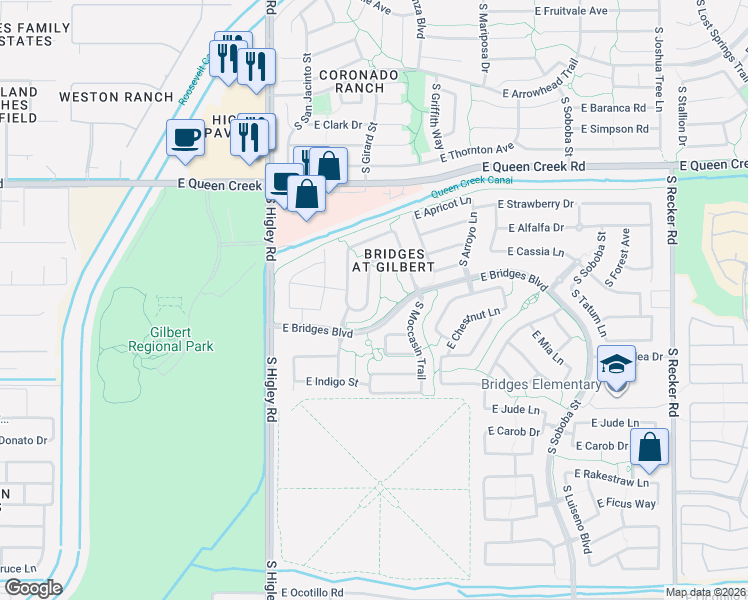 map of restaurants, bars, coffee shops, grocery stores, and more near 3462 East Bridges Boulevard in Gilbert