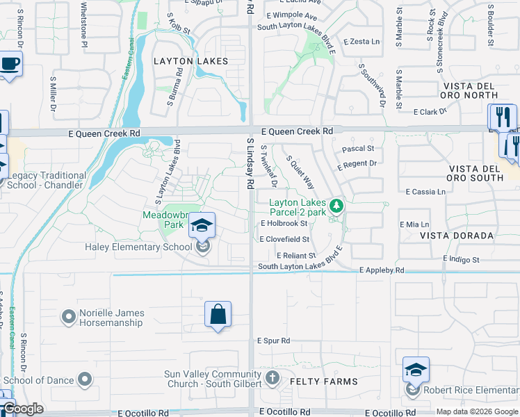 map of restaurants, bars, coffee shops, grocery stores, and more near 30 East Tekoa Avenue in Gilbert