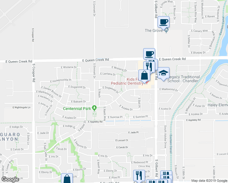 map of restaurants, bars, coffee shops, grocery stores, and more near 3221 South Kimberlee Way in Chandler