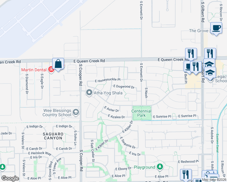 map of restaurants, bars, coffee shops, grocery stores, and more near 3216 South Cottonwood Drive in Chandler
