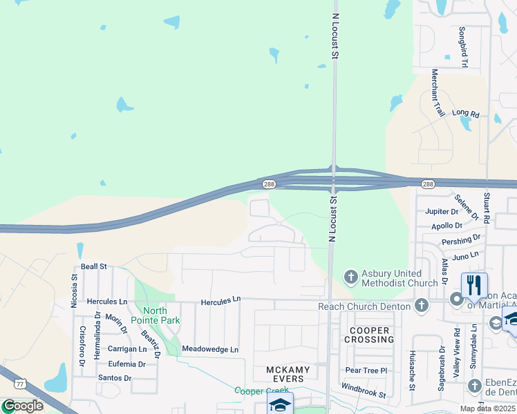 map of restaurants, bars, coffee shops, grocery stores, and more near 400 Ame Drive in Denton