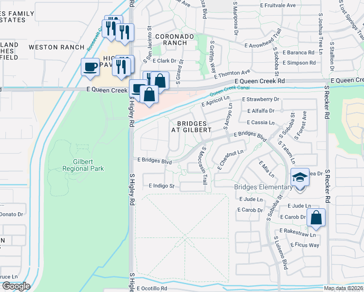 map of restaurants, bars, coffee shops, grocery stores, and more near 3462 East Bridges Boulevard in Gilbert