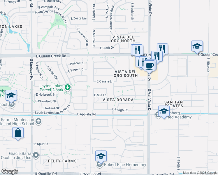 map of restaurants, bars, coffee shops, grocery stores, and more near 1299 Cassia Lane in Gilbert