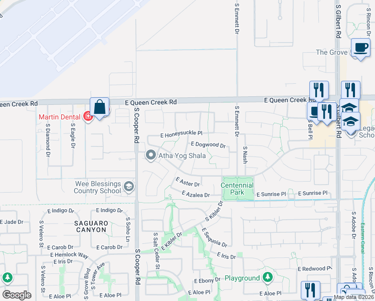 map of restaurants, bars, coffee shops, grocery stores, and more near 3216 South Cottonwood Drive in Chandler
