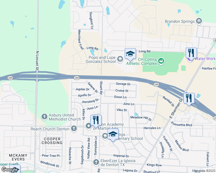 map of restaurants, bars, coffee shops, grocery stores, and more near 817 Savage Drive in Denton