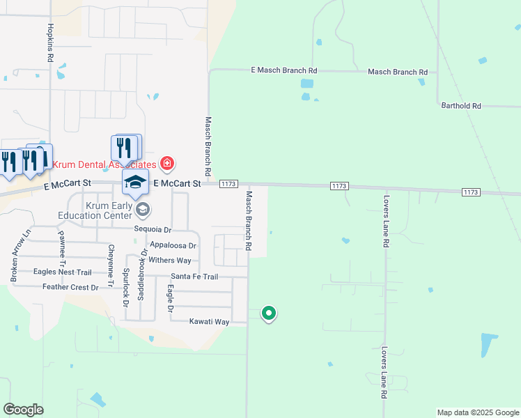 map of restaurants, bars, coffee shops, grocery stores, and more near 5000 Masch Branch Road in Krum
