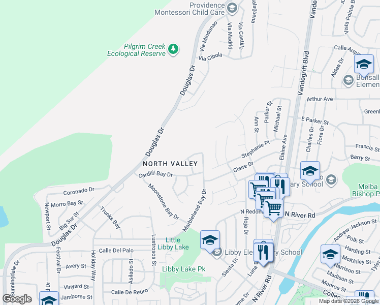 map of restaurants, bars, coffee shops, grocery stores, and more near 4863 Marblehead Bay Drive in Oceanside