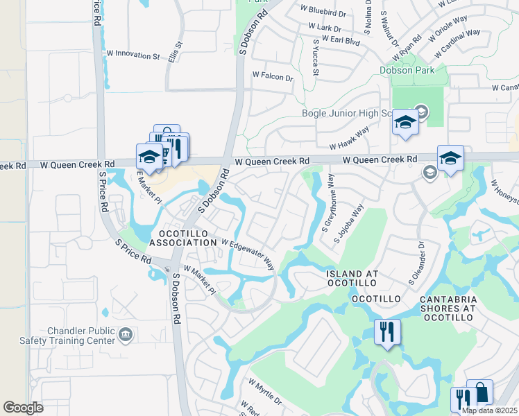 map of restaurants, bars, coffee shops, grocery stores, and more near 2370 West Honeysuckle Lane in Chandler