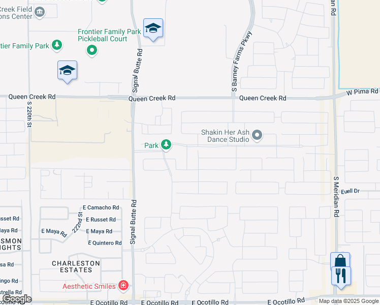 map of restaurants, bars, coffee shops, grocery stores, and more near 20829 South 226th Place in Queen Creek