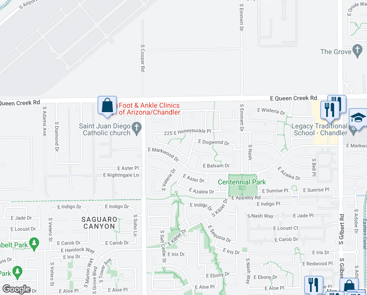 map of restaurants, bars, coffee shops, grocery stores, and more near 3245 South Salt Cedar Court in Chandler